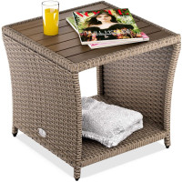 Polyrattan Side Table | Cream | 40x45x45cm | Acacia Wood Top